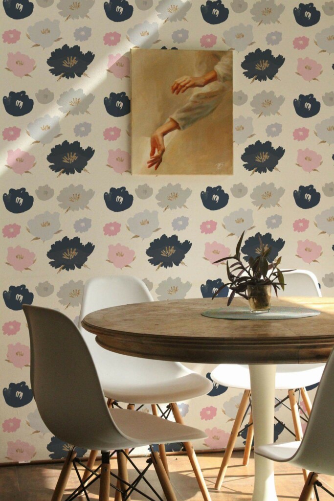 Scandinavian farmhouse style dining room decorated with Brush stroke floral peel and stick wallpaper