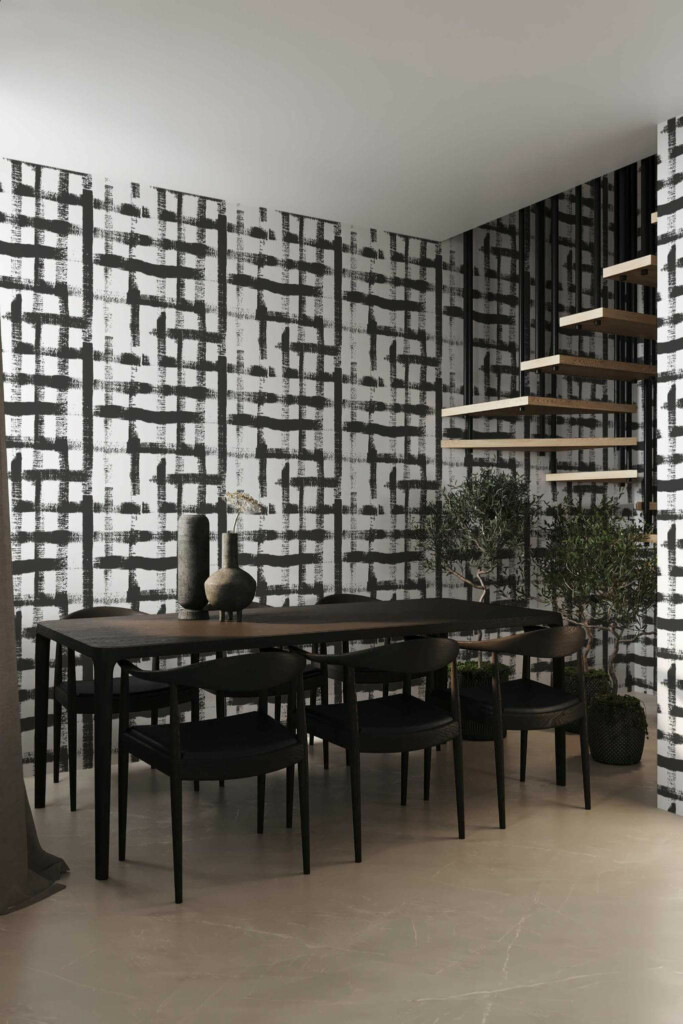 Modern industrial style dining room decorated with Brush stroke gingham peel and stick wallpaper