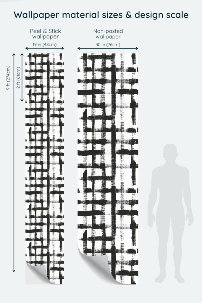 Size comparison of Brush stroke gingham Peel & Stick and Non-pasted wallpapers with design scale relative to human figure