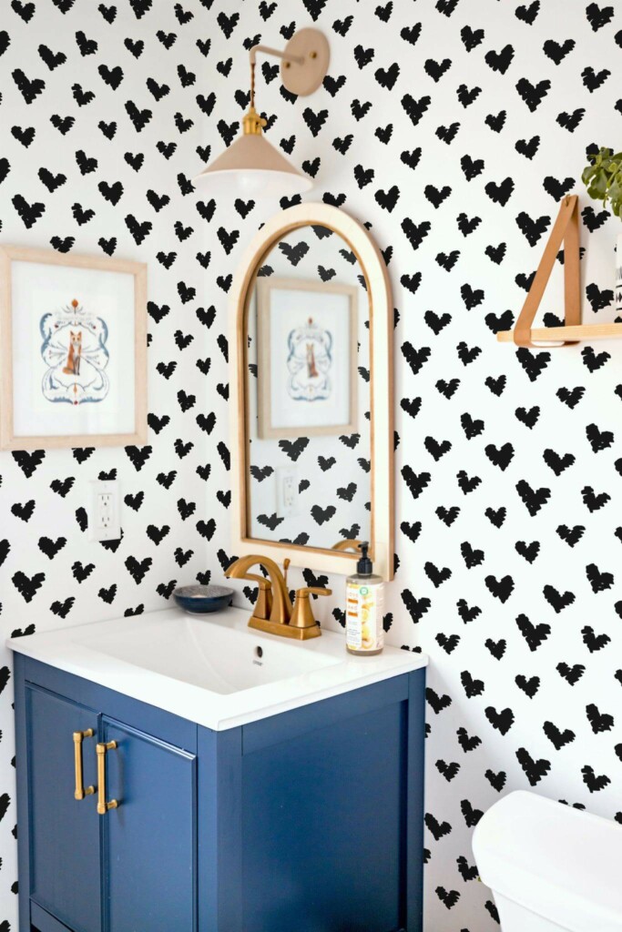 Coastal eclectic style powder room decorated with Brush stroke heart peel and stick wallpaper