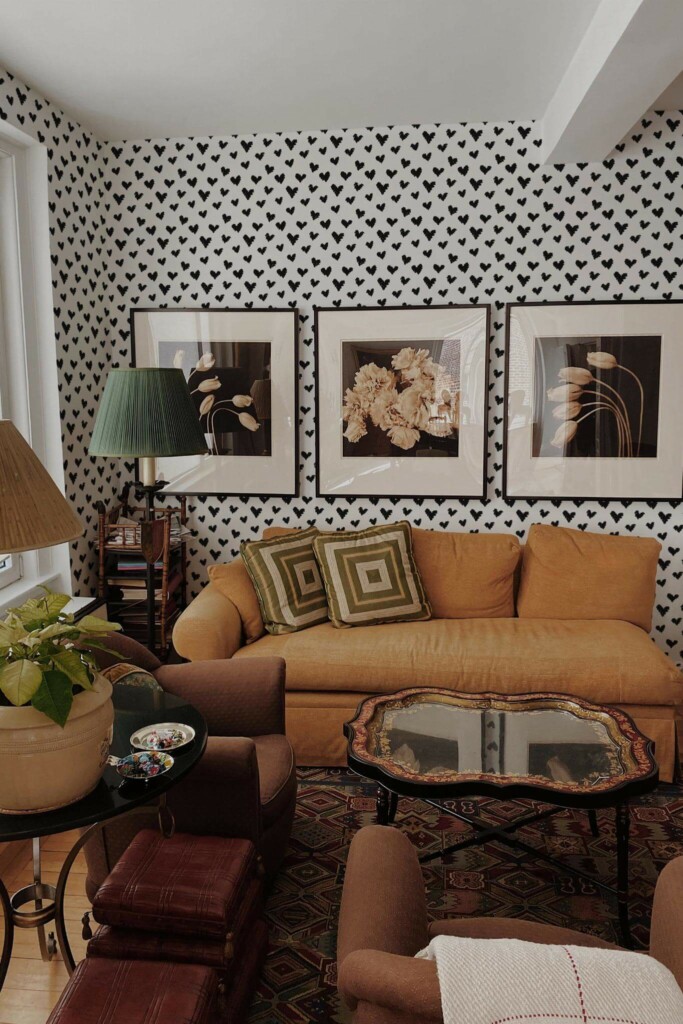 Mid-century eclectic style living room decorated with Brush stroke heart peel and stick wallpaper