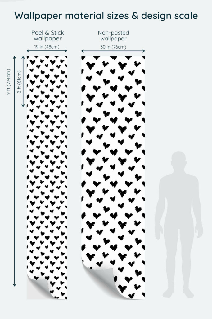 Size comparison of Brush stroke heart Peel & Stick and Non-pasted wallpapers with design scale relative to human figure