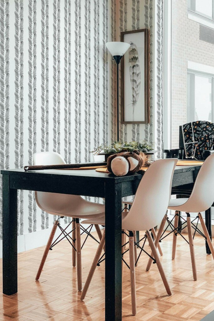 Industrial scandinavian style dining room decorated with Brush stroke herringbone peel and stick wallpaper