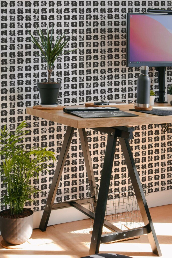 Scandinavian style home office decorated with Brush stroke mosaic peel and stick wallpaper