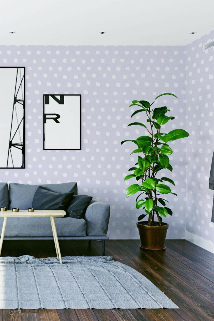 Modern scandinavian style living room decorated with Brush stroke polka dots peel and stick wallpaper