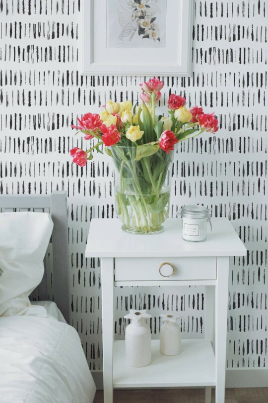 Farmhouse style bedroom decorated with Brush stroke peel and stick wallpaper