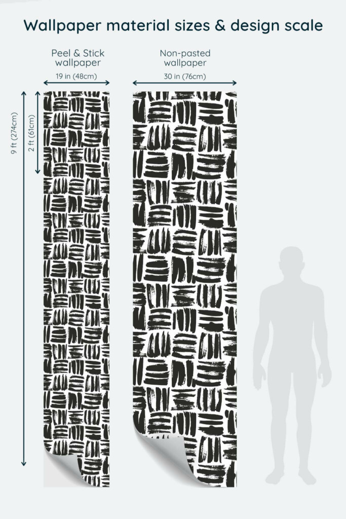 Size comparison of Brush stroke square Peel & Stick and Non-pasted wallpapers with design scale relative to human figure