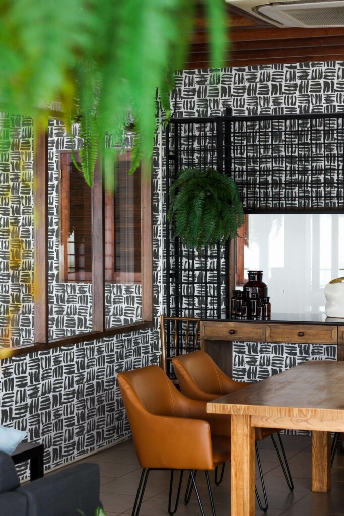 Mid-century modern style dining room decorated with Brush stroke squares peel and stick wallpaper and black industrial accents