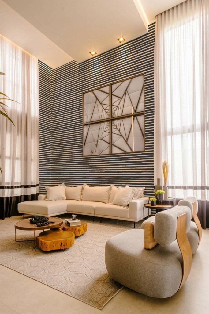 Contemporary style living room decorated with Brush stroke striped peel and stick wallpaper