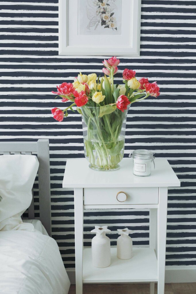 Farmhouse style bedroom decorated with Brush stroke striped peel and stick wallpaper