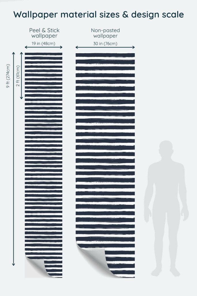 Size comparison of Brush stroke striped Peel & Stick and Non-pasted wallpapers with design scale relative to human figure