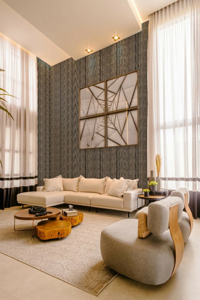 Contemporary style living room decorated with Brush stroke stripes peel and stick wallpaper