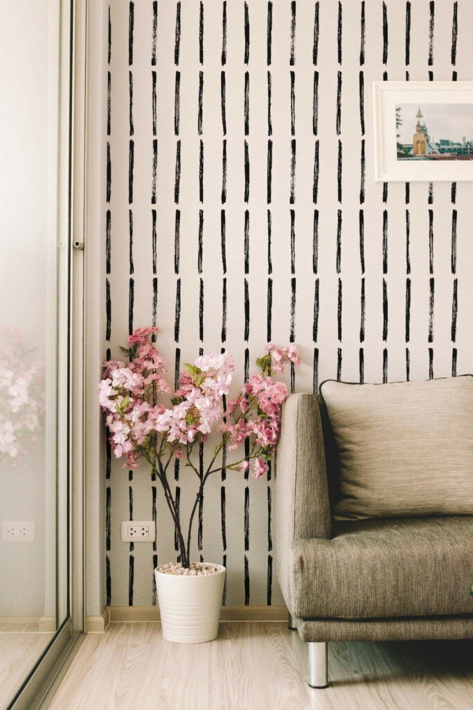 Modern farmhouse style living room decorated with Brush stroke vertical lines peel and stick wallpaper