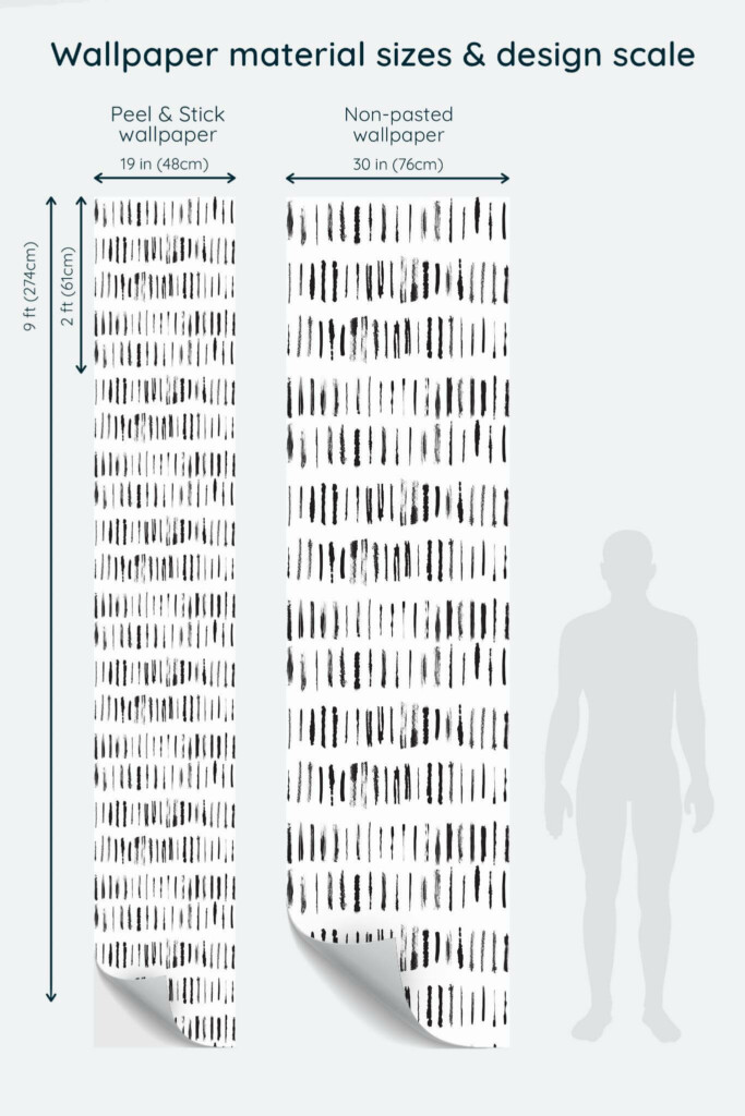 Size comparison of Brush stroke Peel & Stick and Non-pasted wallpapers with design scale relative to human figure
