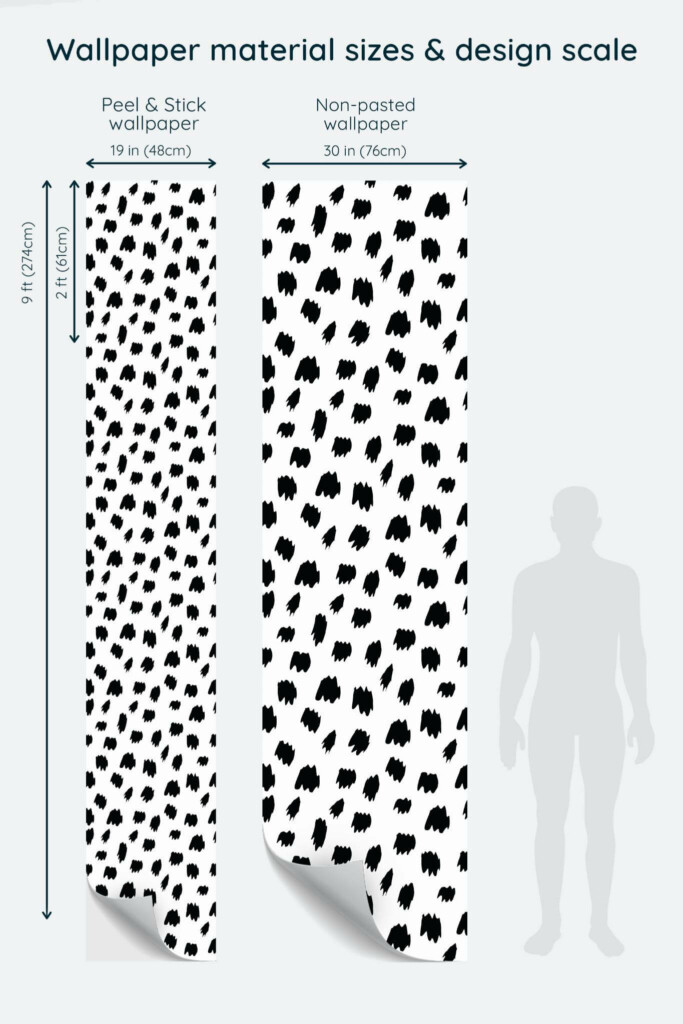 Size comparison of Brushstroke abstract Peel & Stick and Non-pasted wallpapers with design scale relative to human figure