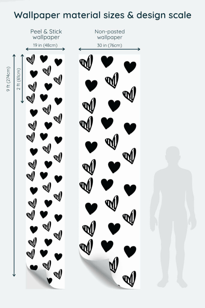 Size comparison of Brushstroke heart Peel & Stick and Non-pasted wallpapers with design scale relative to human figure