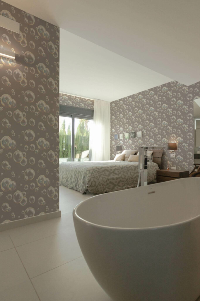 Modern style bedroom with open bathroom decorated with Bubbles peel and stick wallpaper