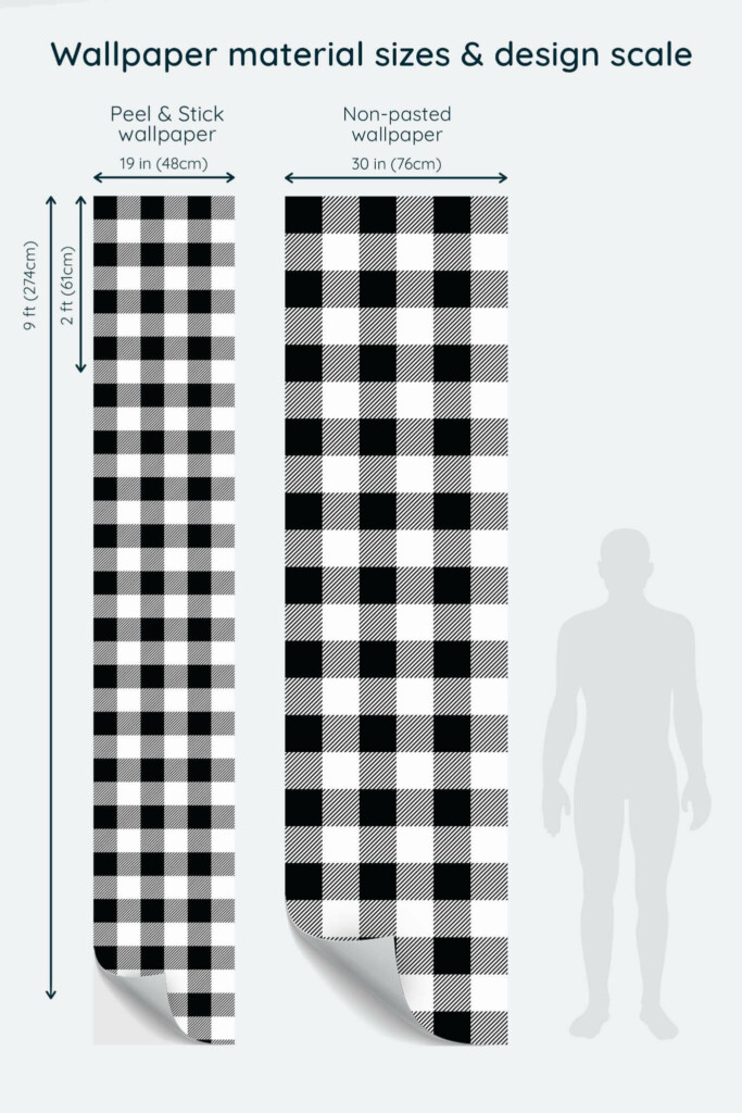 Size comparison of Buffalo check Peel & Stick and Non-pasted wallpapers with design scale relative to human figure