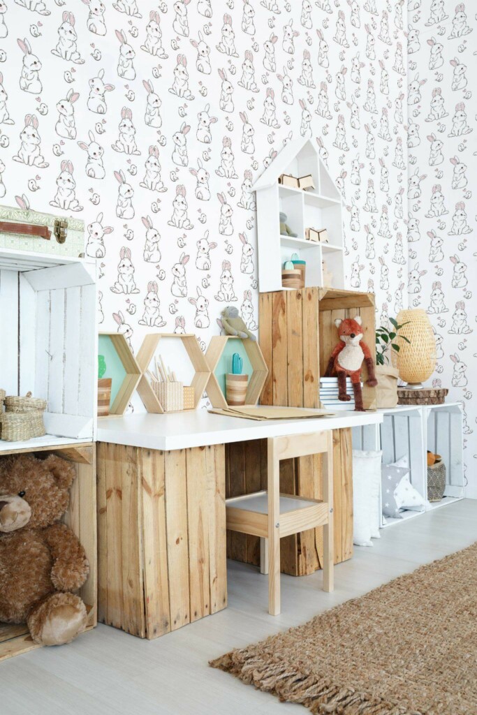 Farmhouse style kids room decorated with Bunny peel and stick wallpaper