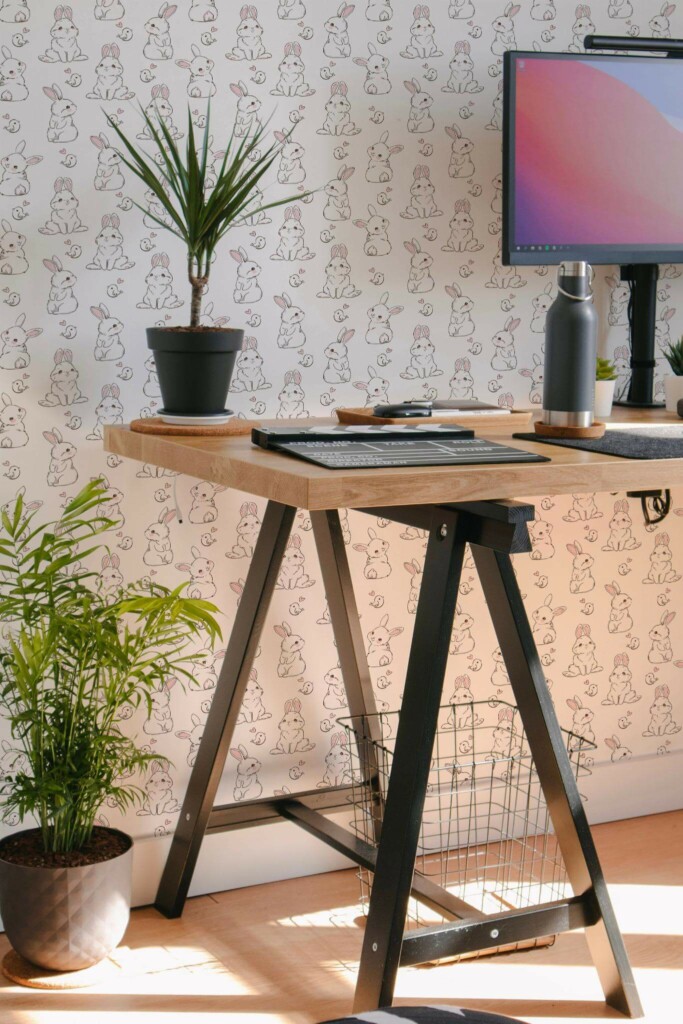 Scandinavian style home office decorated with Bunny peel and stick wallpaper
