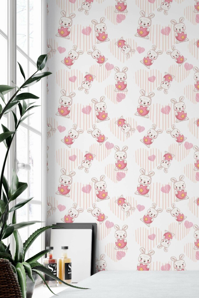Minimal style home office decorated with Bunny with heart peel and stick wallpaper