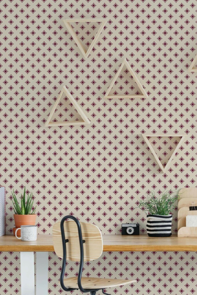 Scandinavian style home office decorated with Burgundy and beige star peel and stick wallpaper