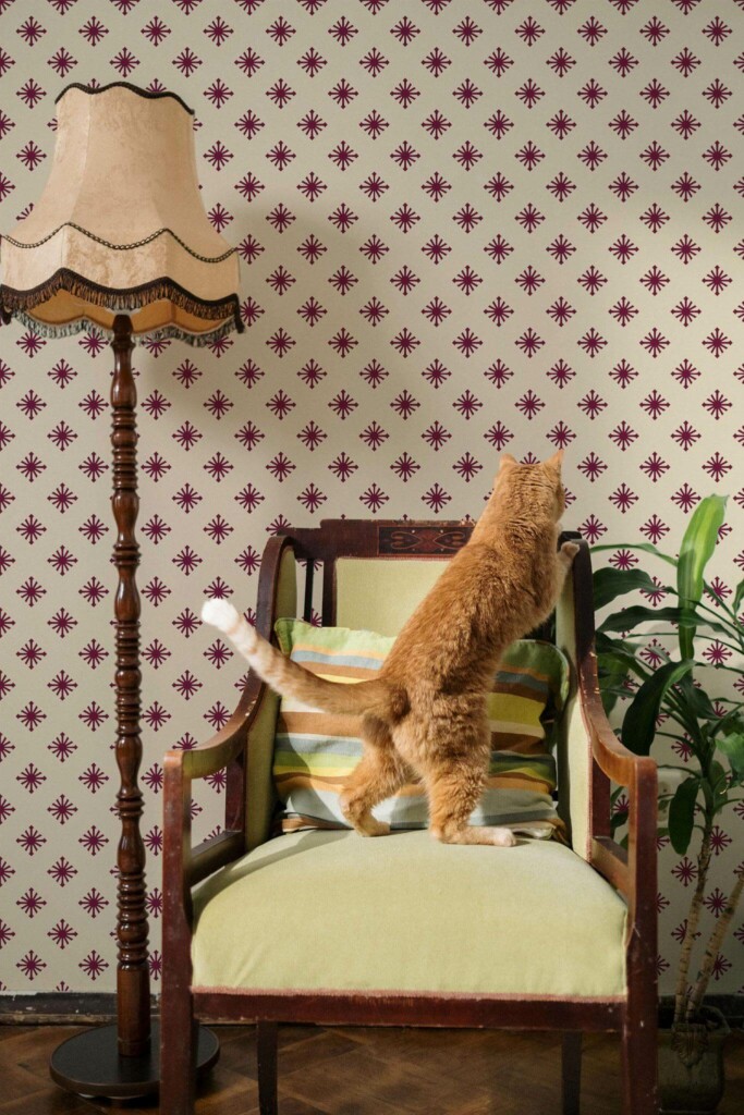 Victorian style living room with a cat decorated with Burgundy and beige star peel and stick wallpaper