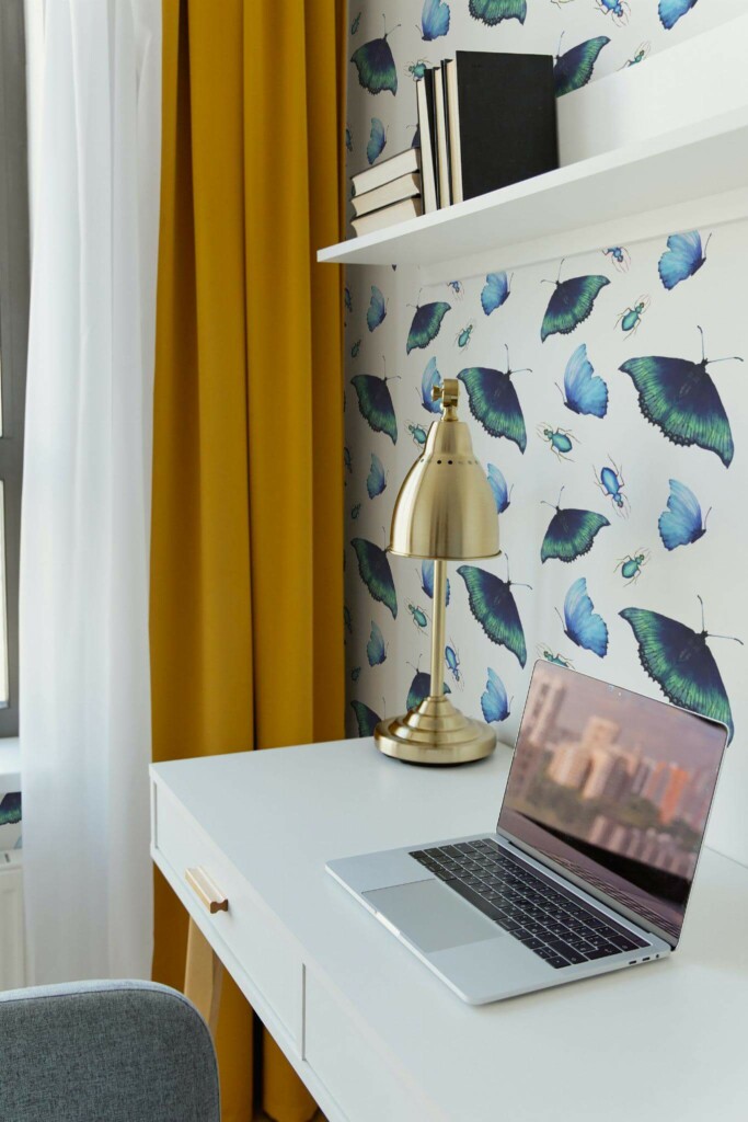 Scandinavian style home office decorated with Butterfly peel and stick wallpaper