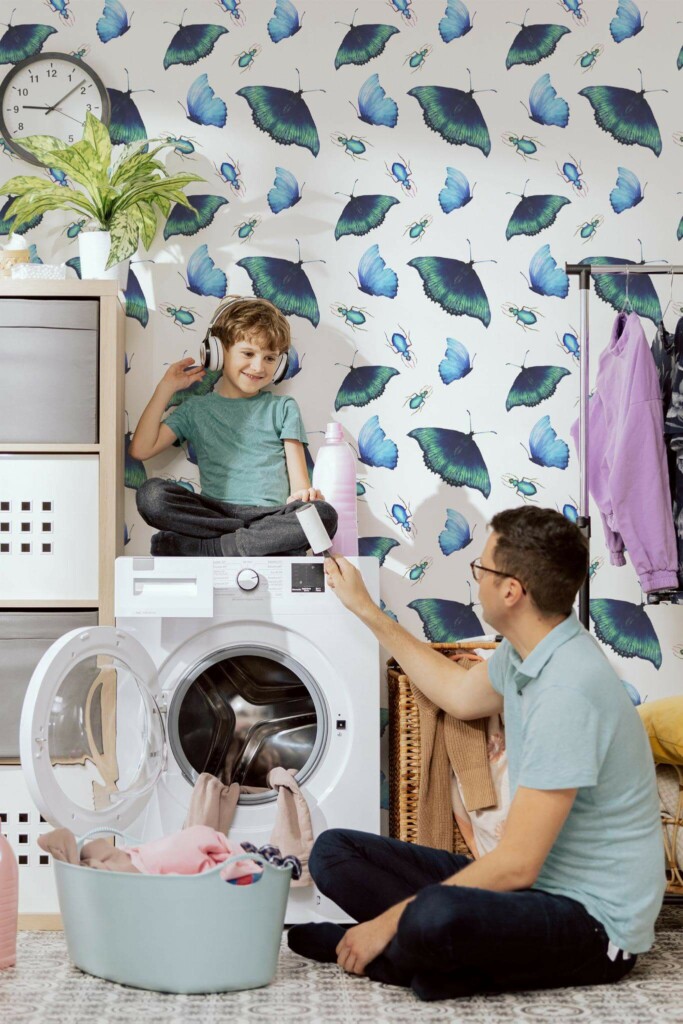 Scandinavian style laundry room decorated with Butterfly peel and stick wallpaper