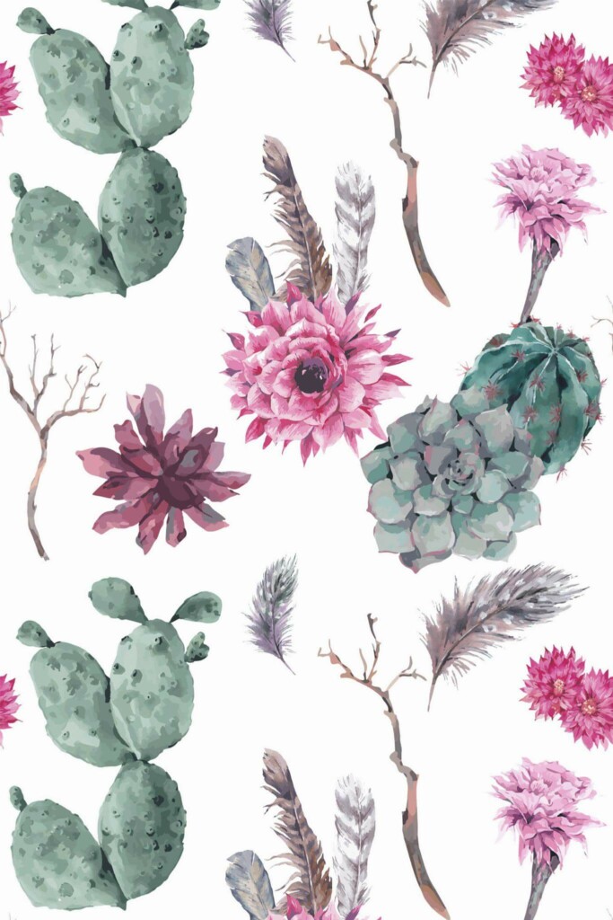 Pattern repeat of Cactus flower removable wallpaper design