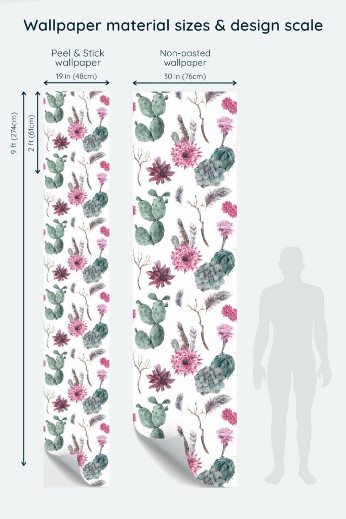 Size comparison of Cactus flower Peel & Stick and Non-pasted wallpapers with design scale relative to human figure