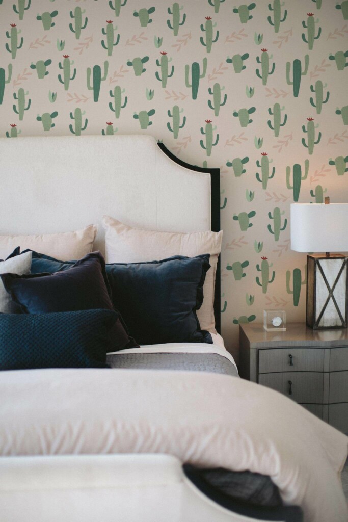 Shabby chic style bedroom decorated with Cactus peel and stick wallpaper