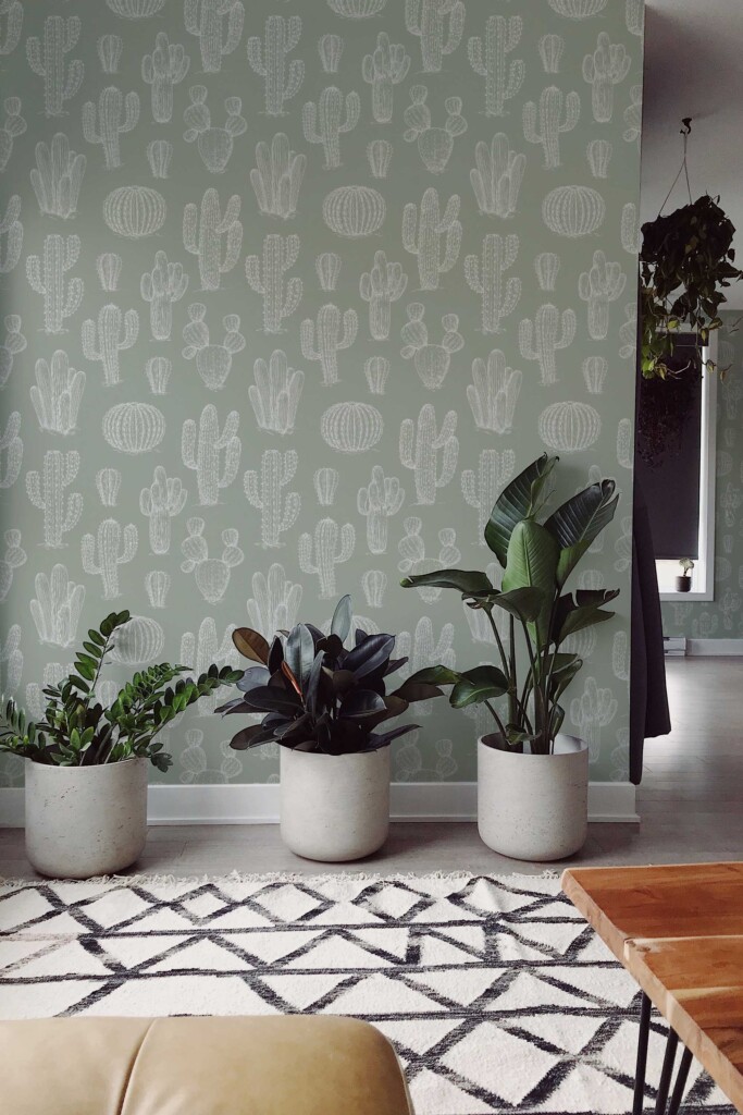 Fancy Walls botanical cactus self-adhesive wallpaper in sage green