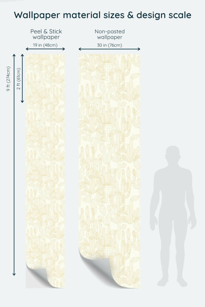 Size comparison of Cactus Simplicity Peel & Stick and Non-pasted wallpapers with design scale relative to human figure