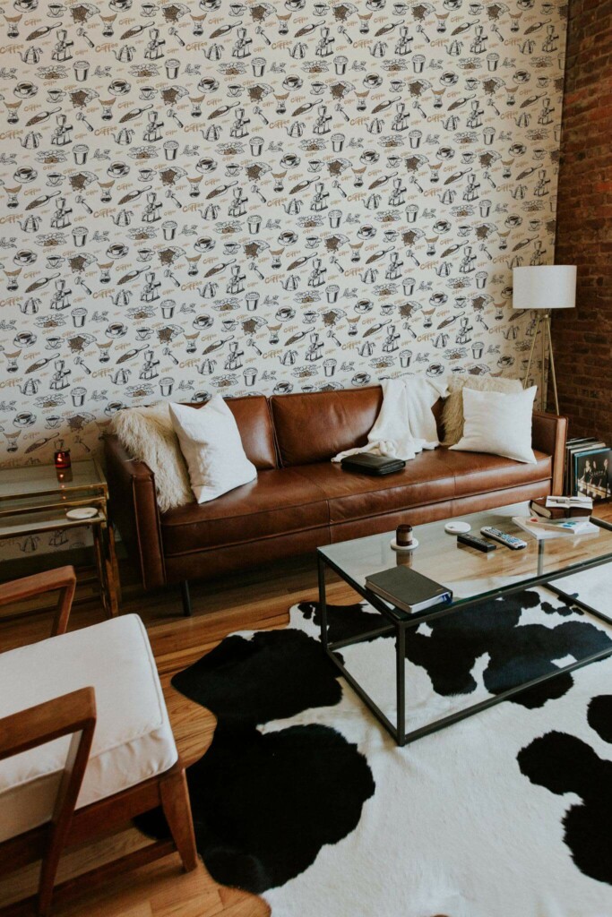 Mid-century modern style living room decorated with Cafe peel and stick wallpaper