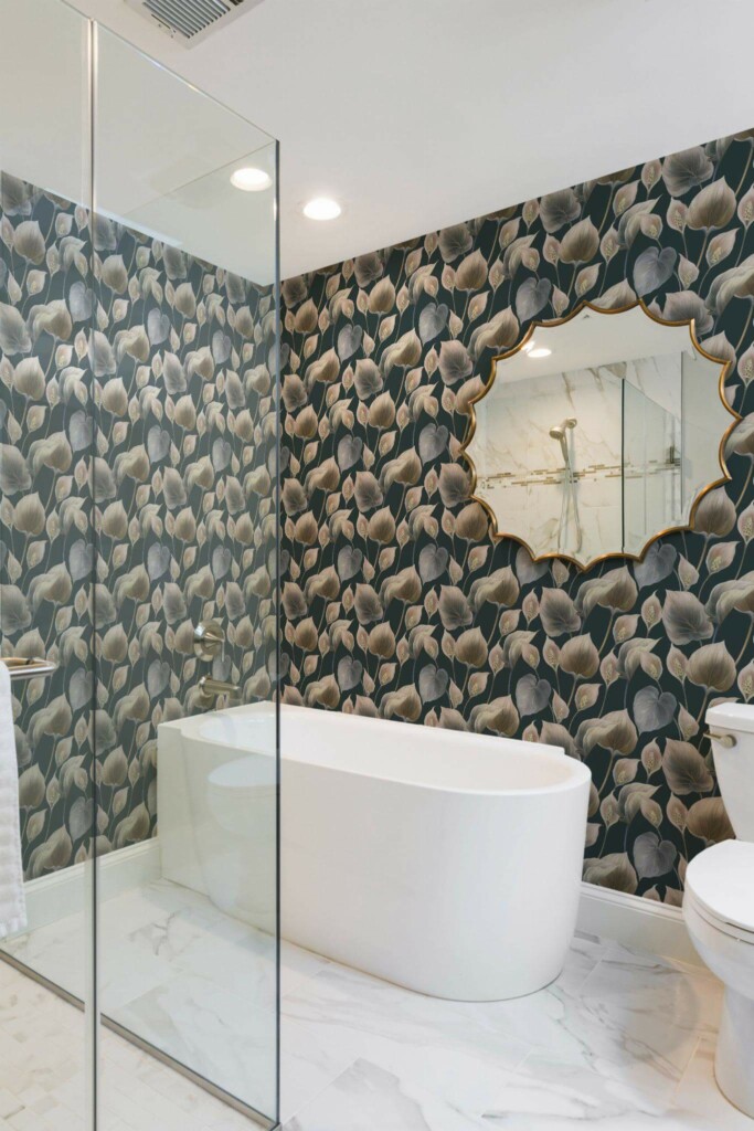 Minimal modern style bathroom decorated with Calla leaves peel and stick wallpaper