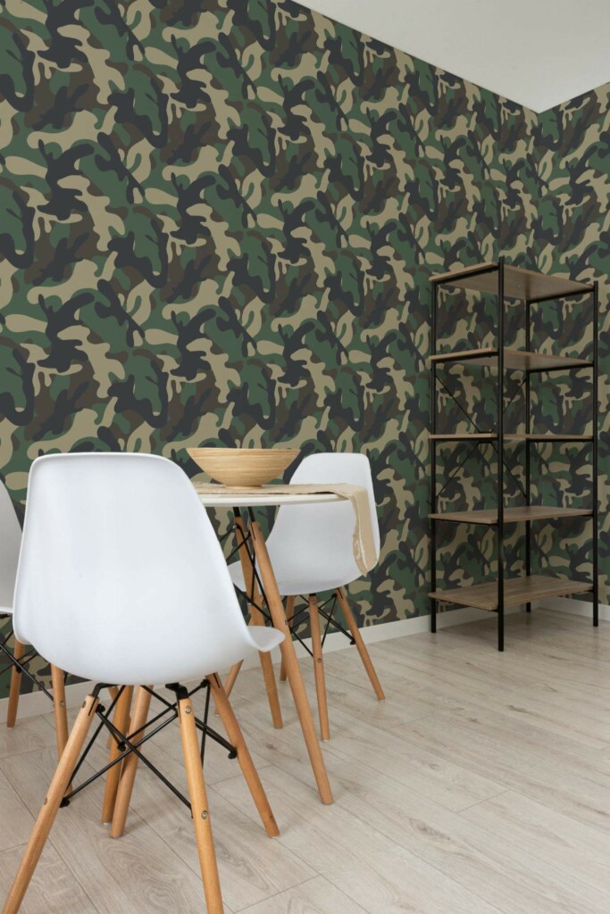 Minimalist style dining room decorated with Camouflage peel and stick wallpaper