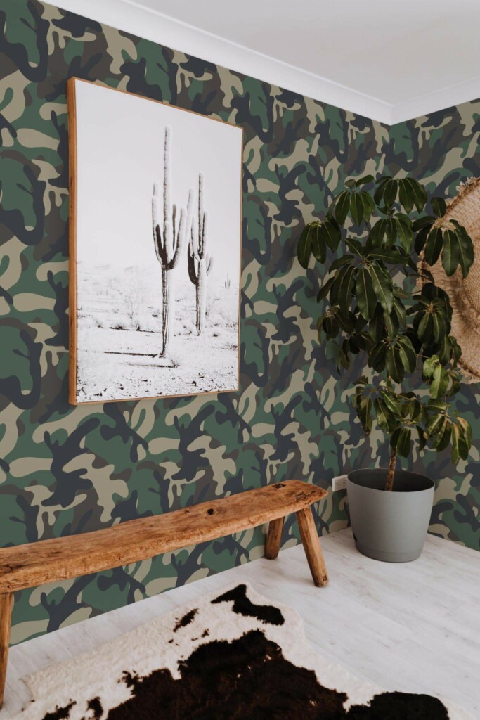 Scandinavian style entryway decorated with Camouflage peel and stick wallpaper