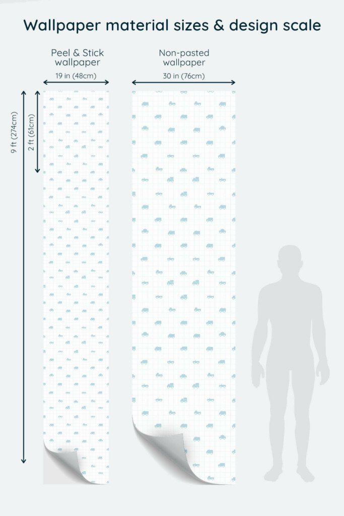 Size comparison of Car notebook Peel & Stick and Non-pasted wallpapers with design scale relative to human figure