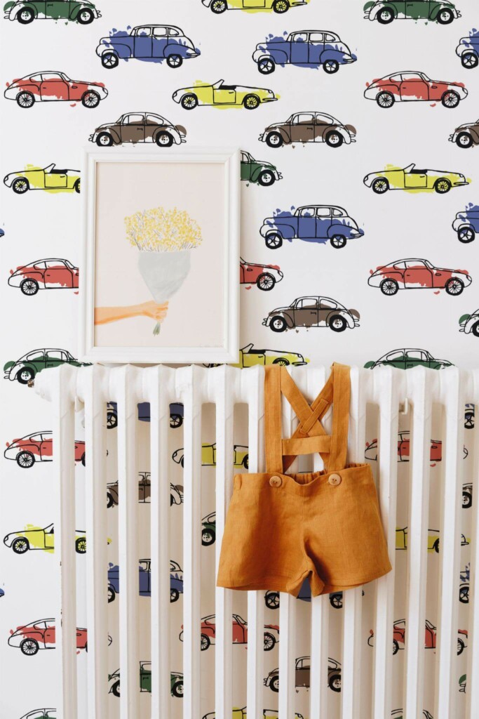 Bohemian style kids room decorated with Car peel and stick wallpaper