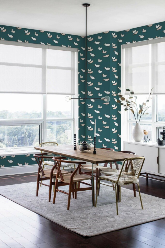 Modern minimalist style dining room decorated with Cartoon duck peel and stick wallpaper