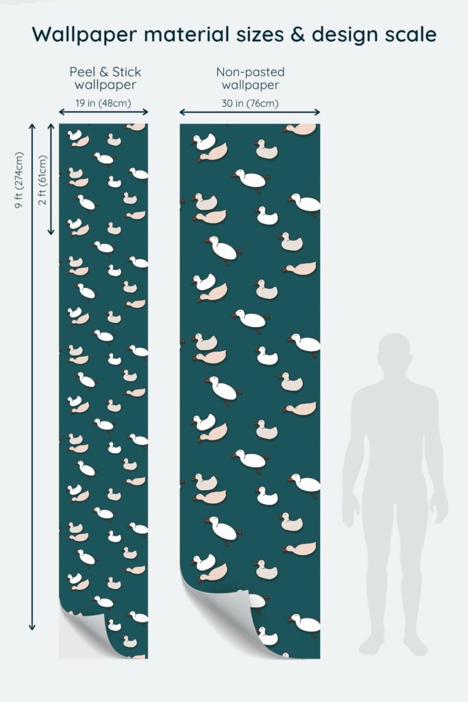 Size comparison of Cartoon duck Peel & Stick and Non-pasted wallpapers with design scale relative to human figure