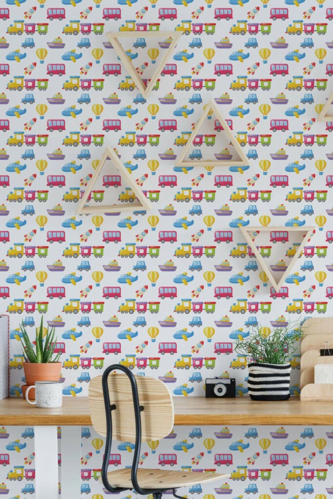Scandinavian style home office decorated with Cartoon toys peel and stick wallpaper