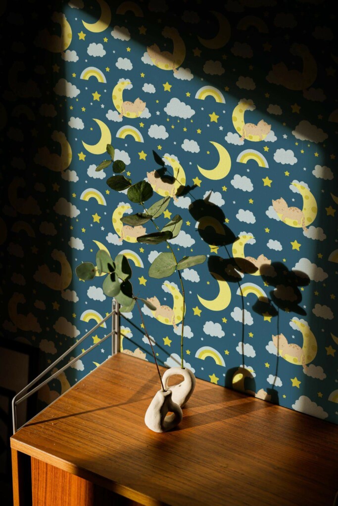 Mid-century style living room decorated with Cat on moon peel and stick wallpaper