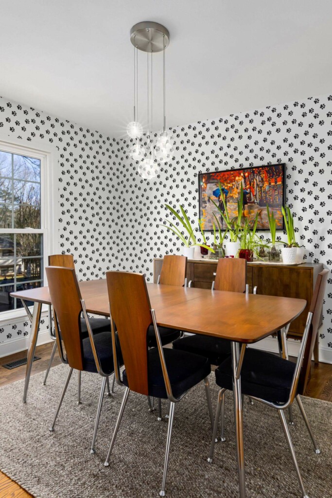 MId-century modern style dining room decorated with Cat paws peel and stick wallpaper