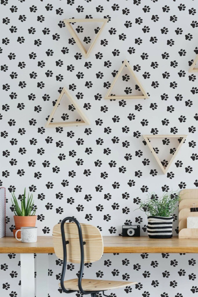 Scandinavian style home office decorated with Cat paws peel and stick wallpaper