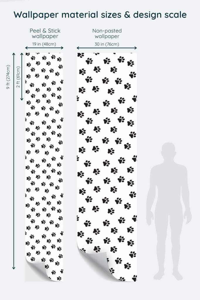 Size comparison of Cat paws Peel & Stick and Non-pasted wallpapers with design scale relative to human figure