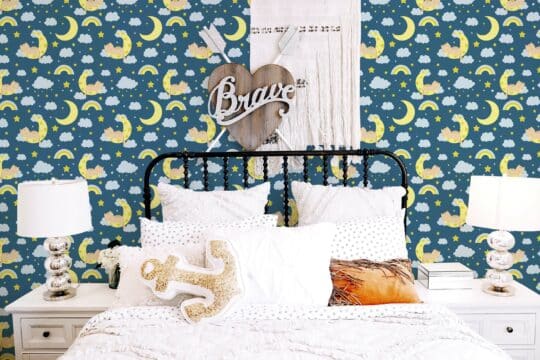 cat teal and yellow traditional wallpaper