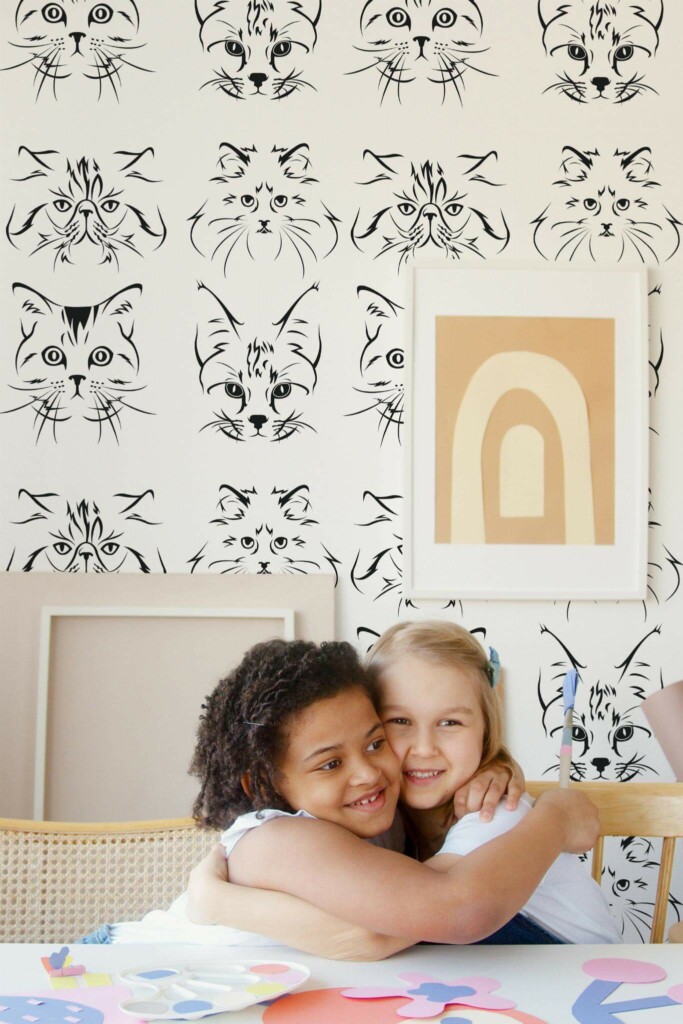 Boho style kids playroom decorated with Cat peel and stick wallpaper