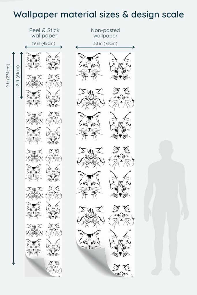 Size comparison of Cat Peel & Stick and Non-pasted wallpapers with design scale relative to human figure